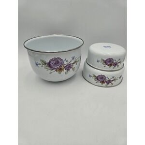 Lot Of 3 Kobe Enamel bowls Purple roses Vintage